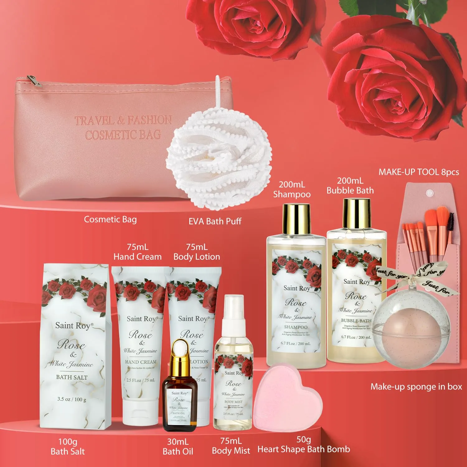 Mother's Day Gifts for Mom Bath and Body Gift Basket For Women, 21 Pcs Rose Jasmine self care basket Bath Spa Kit beauty sets, Friendship Birthday Gifts