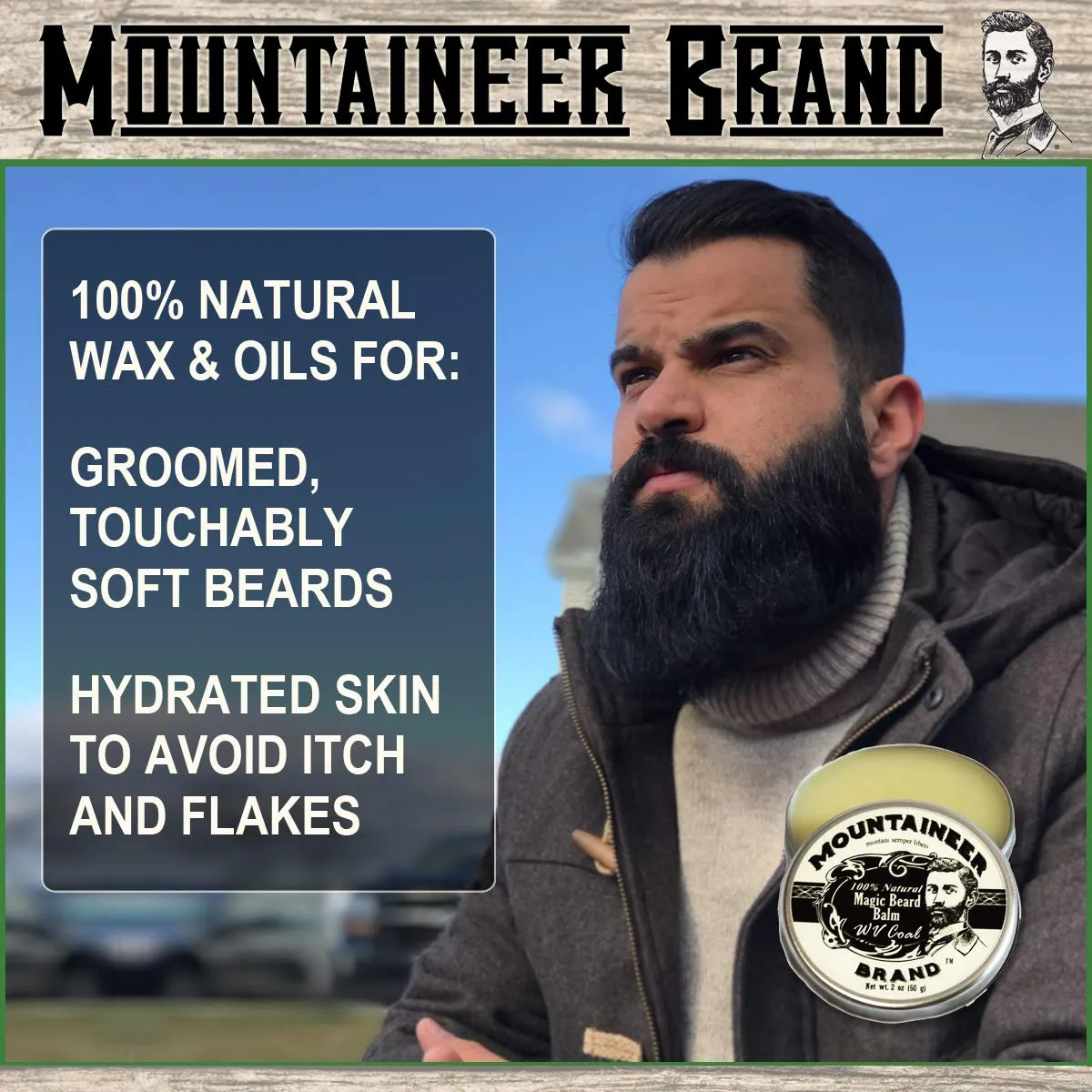 Mountaineer Brand Beard Grooming Kit | Beard Oil (2oz), Conditioning Balm (2oz), Wash (4oz), and Brush | Mustache Growth Kit for Men, WV Coal Scented