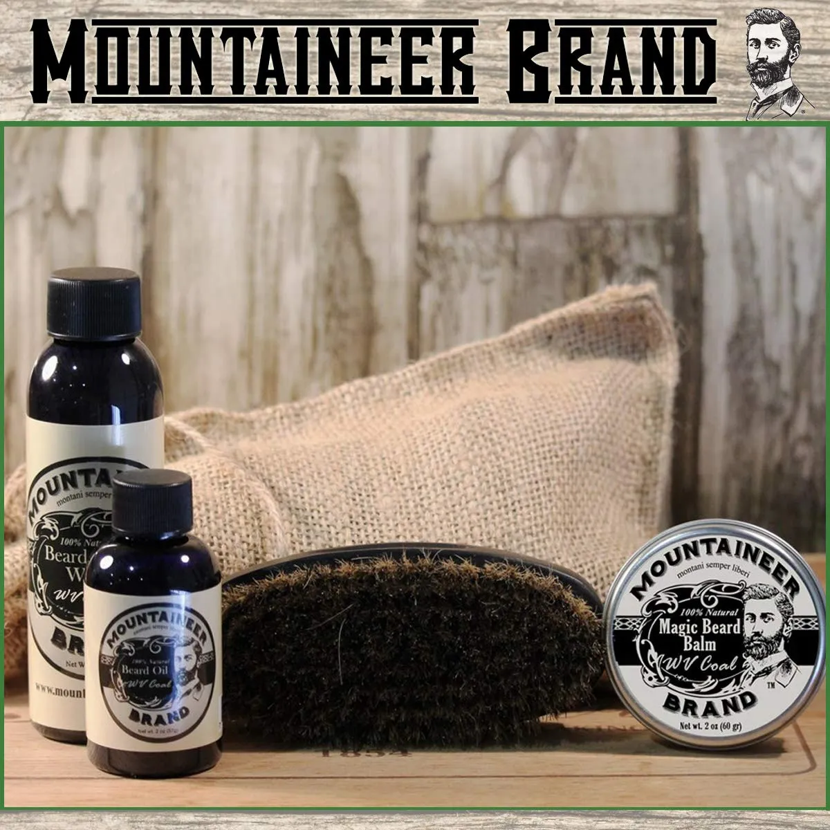 Mountaineer Brand Beard Grooming Kit | Beard Oil (2oz), Conditioning Balm (2oz), Wash (4oz), and Brush | Mustache Growth Kit for Men, WV Coal Scented