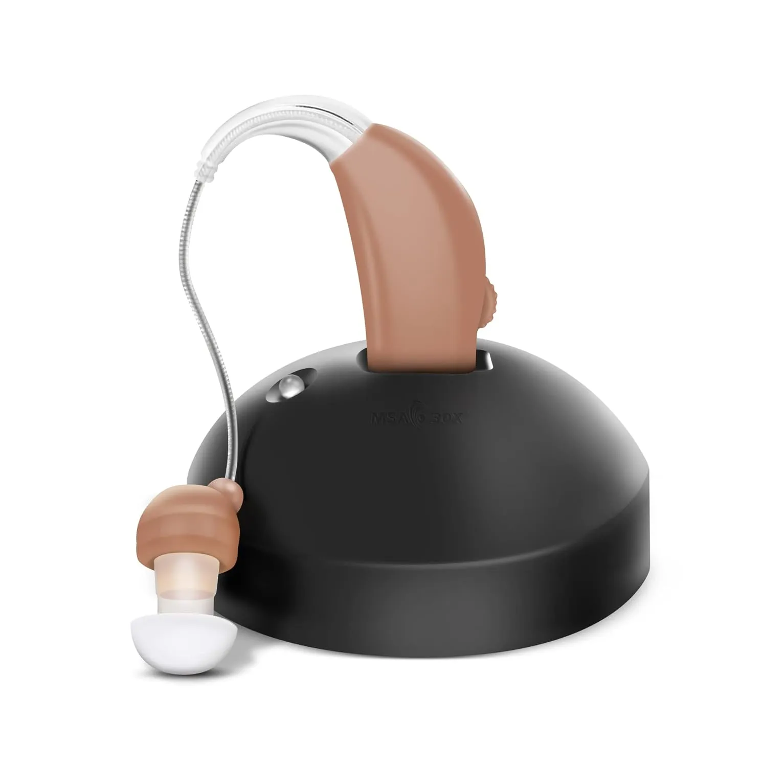 MSA 30X Behind the Ear Sound Amplifier, Amplifies Sound by 30 Times, Lightweight, Virtually Invisible, Comfortable, Adjustable Volume, Fast Charging, Medium Brown, 1ct
