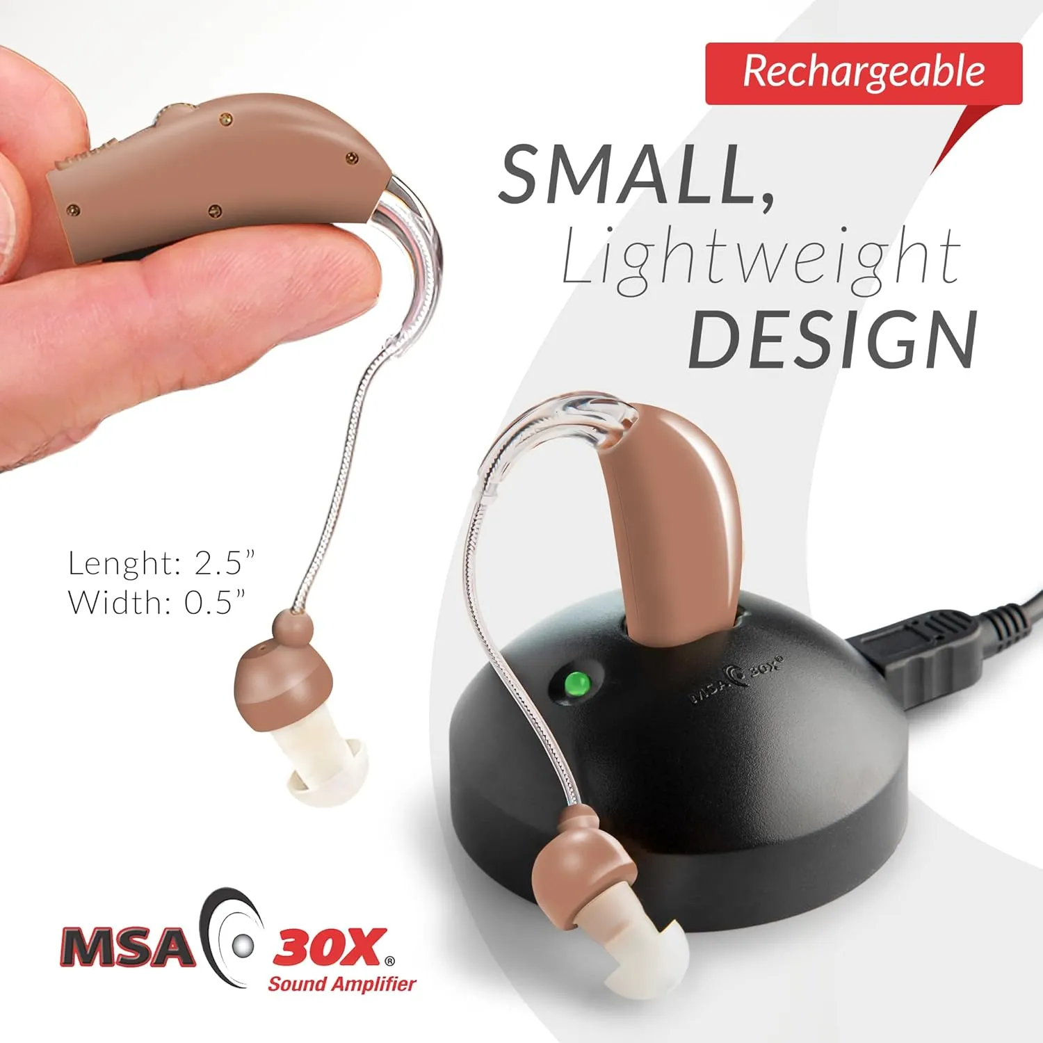 MSA 30X Behind the Ear Sound Amplifier, Amplifies Sound by 30 Times, Lightweight, Virtually Invisible, Comfortable, Adjustable Volume, Fast Charging, Medium Brown, 1ct