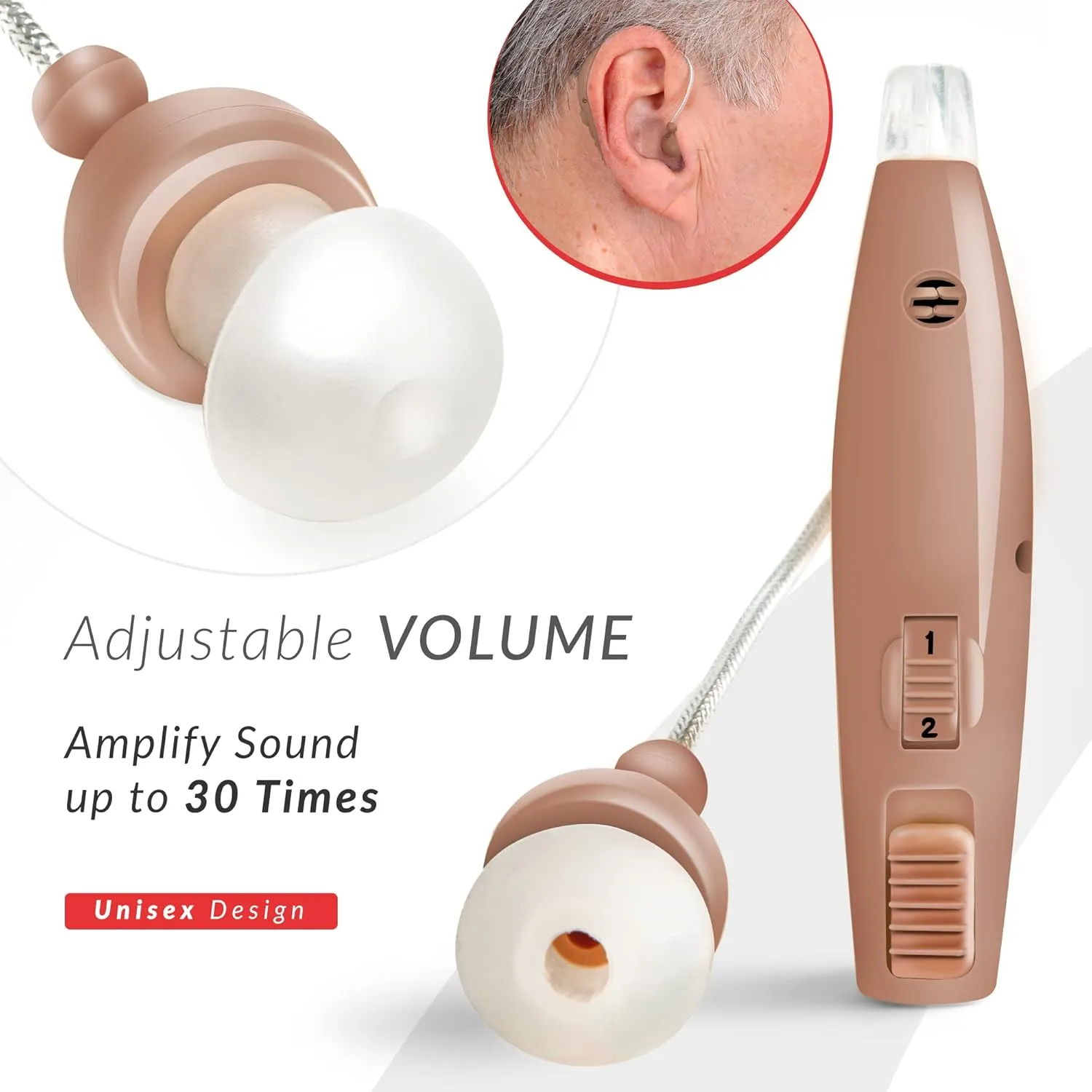 MSA 30X Behind the Ear Sound Amplifier, Amplifies Sound by 30 Times, Lightweight, Virtually Invisible, Comfortable, Adjustable Volume, Fast Charging, Medium Brown, 1ct