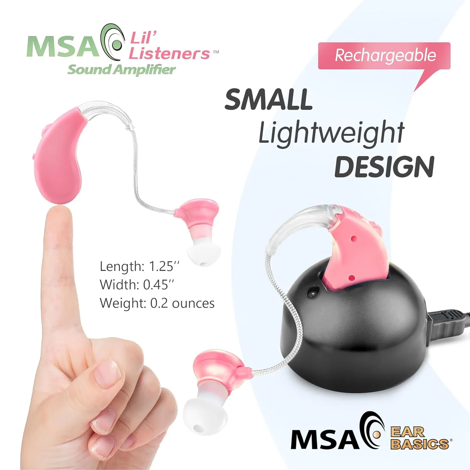 MSA Lil’ Listeners Sound Amplifier for Children | Rechargeable Ear Amplifier | Up to 40 Hours of Continuous Use | Sound Enhancer with Tips & Cleaning Brush - Pink