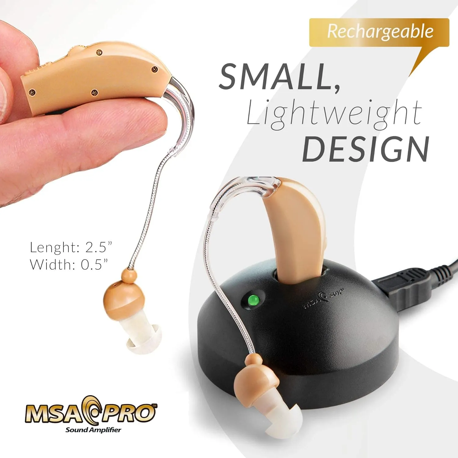 MSA PRO Sound Amplifier, Amplifies Sound by 30 Times, Up to 20 Hours Continuous Use, Lightweight, Nearly Invisible, Adjustable Volume, Fast Charging, Nude, 1ct