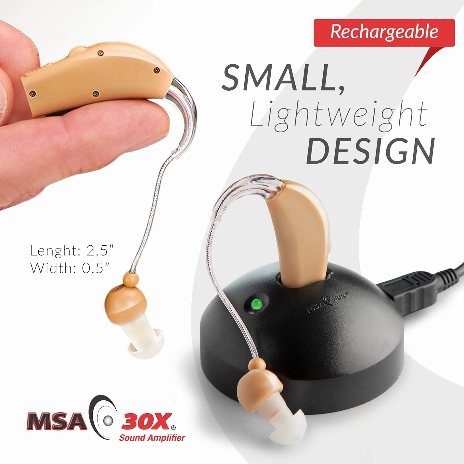 MSA 30X Behind the Ear Sound Amplifier, Amplifies Sound by 30 Times, Lightweight, Virtually Invisible, Comfortable, Adjustable Volume, Fast Charging, Nude, 2ct