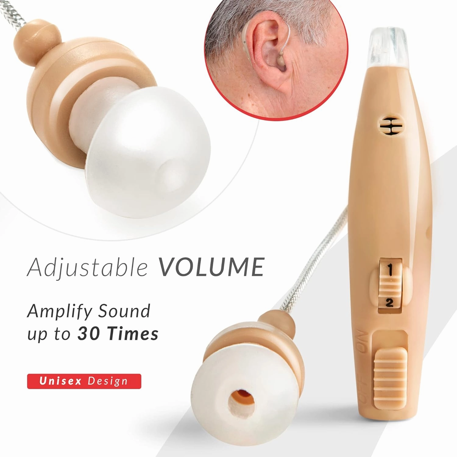 MSA 30X Behind the Ear Sound Amplifier, Amplifies Sound by 30 Times, Lightweight, Virtually Invisible, Comfortable, Adjustable Volume, Fast Charging, Nude, 2ct