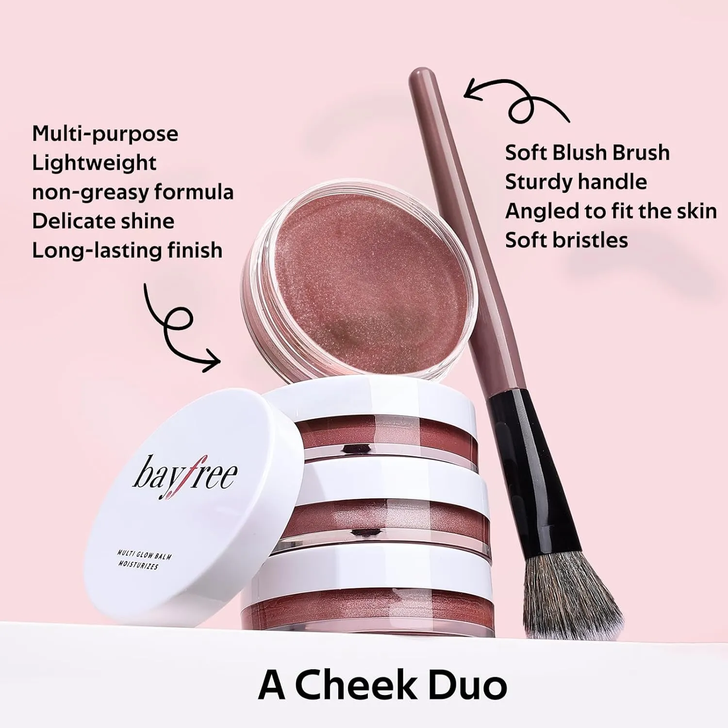Multi Cream Blush & Blush Brush Set, Korean Makeup Blush for Cheeks, Multi-Use Face Balm, Lightweight & Hydrating, Blendable Color, Non-Greasy, Soft Bristles for Radiant Finish (Rose Crystal)
