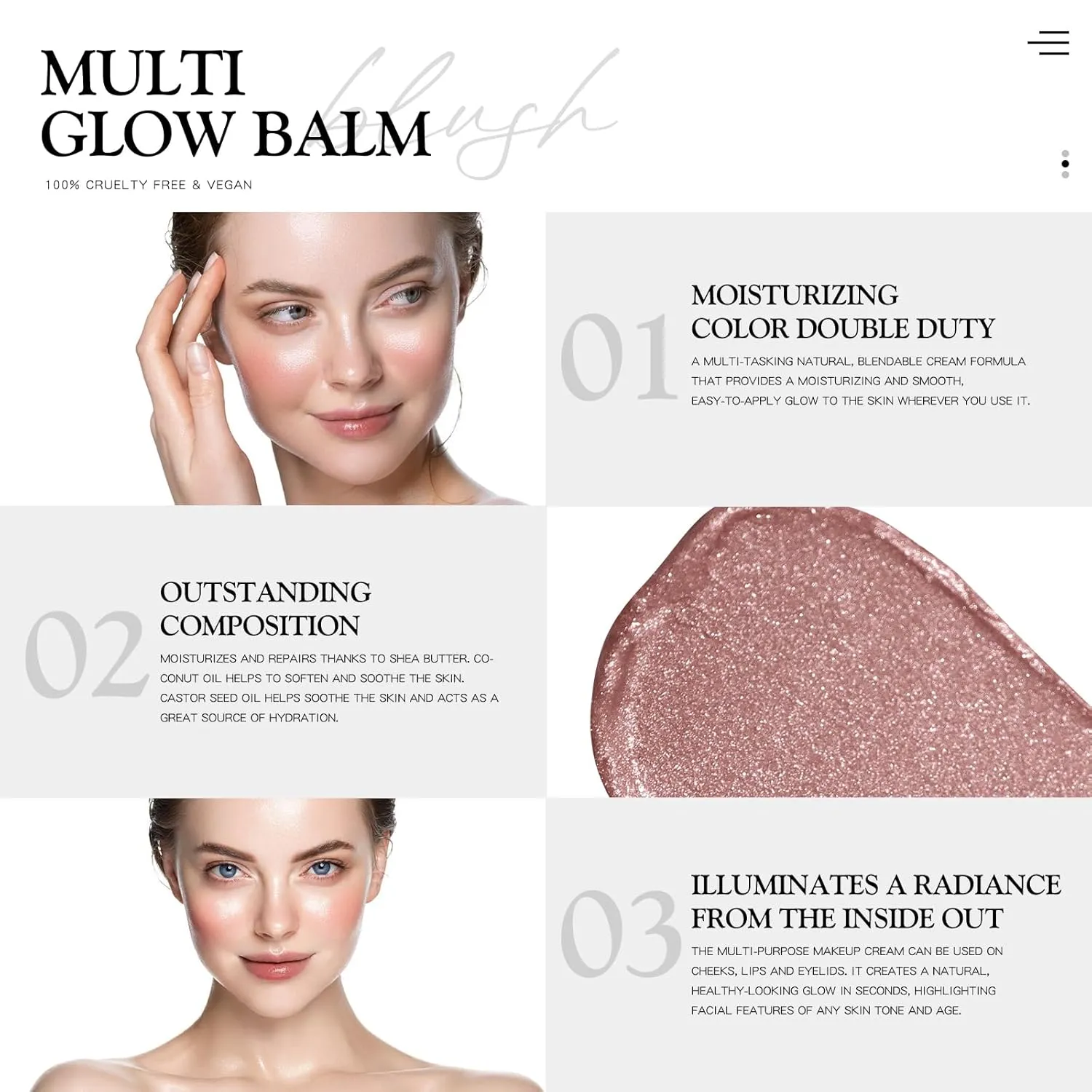 Multi Glow Balm, Cream Blush for Cheeks, Blush Balm Face Makeup, Radiant Finish, Hydrating, Creamy, Lightweight & Blendable Color, Face Makeup, 0.63 Oz (Nude Gardenia)