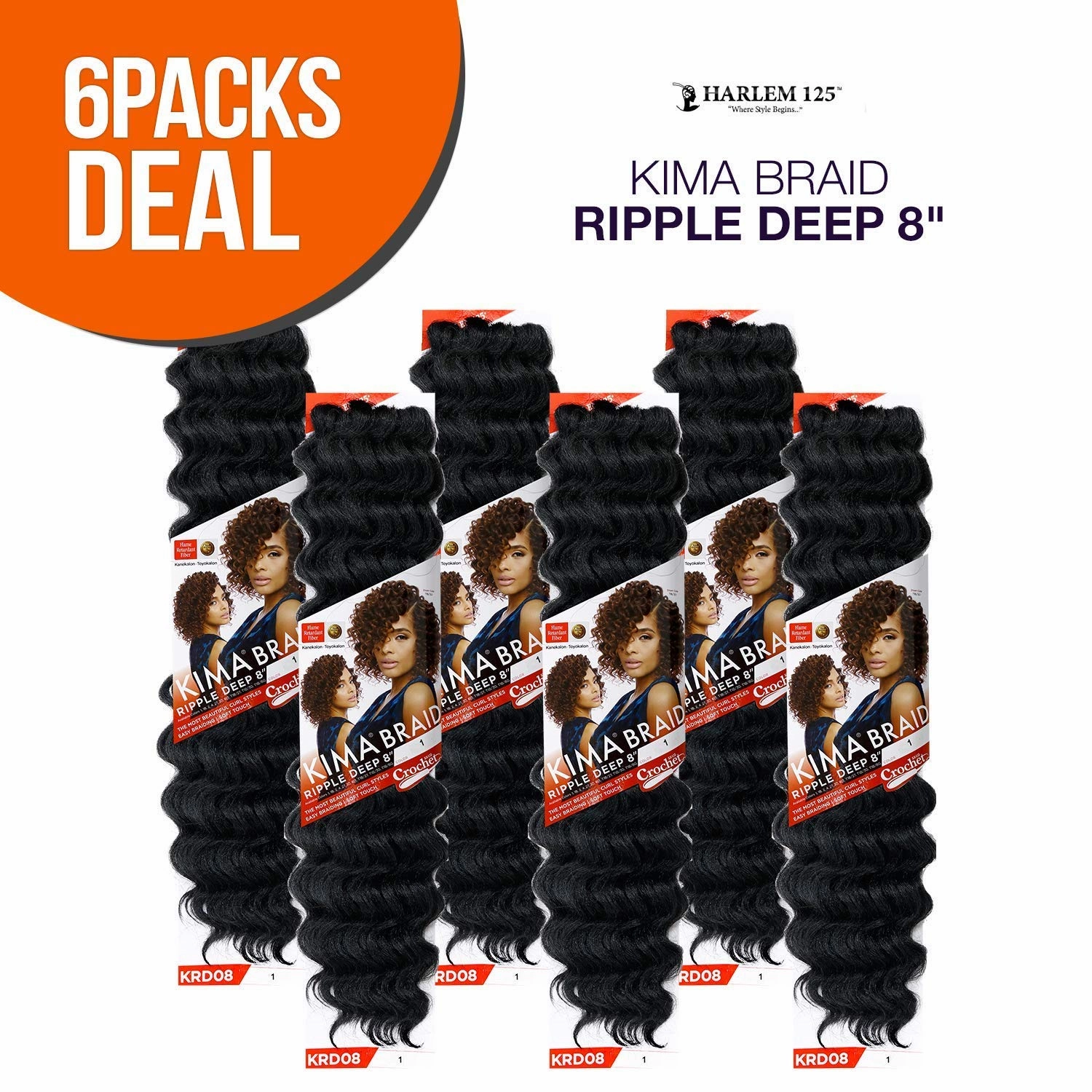 MULTI PACK DEALS! Harlem125 Synthetic Hair Braids Kima Braid Ripple Deep 8" (6-PACK, T1B/27)