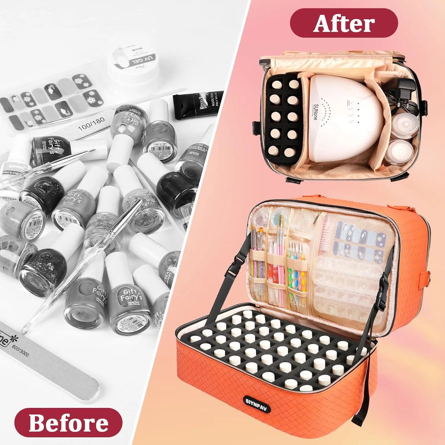 Nail Polish Organizer Bag Holds 50 Bottles (15ml/0.5 fl.oz)& Nail Lamp, Woven Leather Nail Kit Storage Case with Holder Staps, Portable Nail Supplies Organizer for Manicure Tools (Orange)
