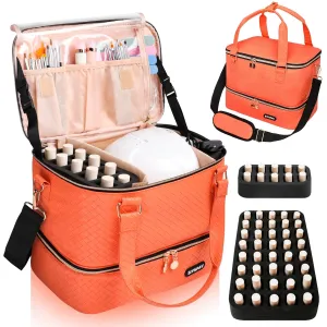 Nail Polish Organizer Bag Holds 50 Bottles (15ml/0.5 fl.oz)& Nail Lamp, Woven Leather Nail Kit Storage Case with Holder Staps, Portable Nail Supplies Organizer for Manicure Tools (Orange)