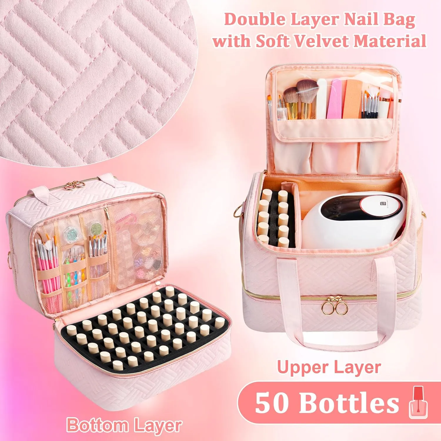 Nail Polish Organizer Bag Holds 50 Bottles (15ml/0.5fl.oz)& Nail Lamp, Soft Velvet Nail Kit Storage Carrying Case with Shoulder Strap, Double Layer Nail Supplies Organizer Handbag Women (Pink)