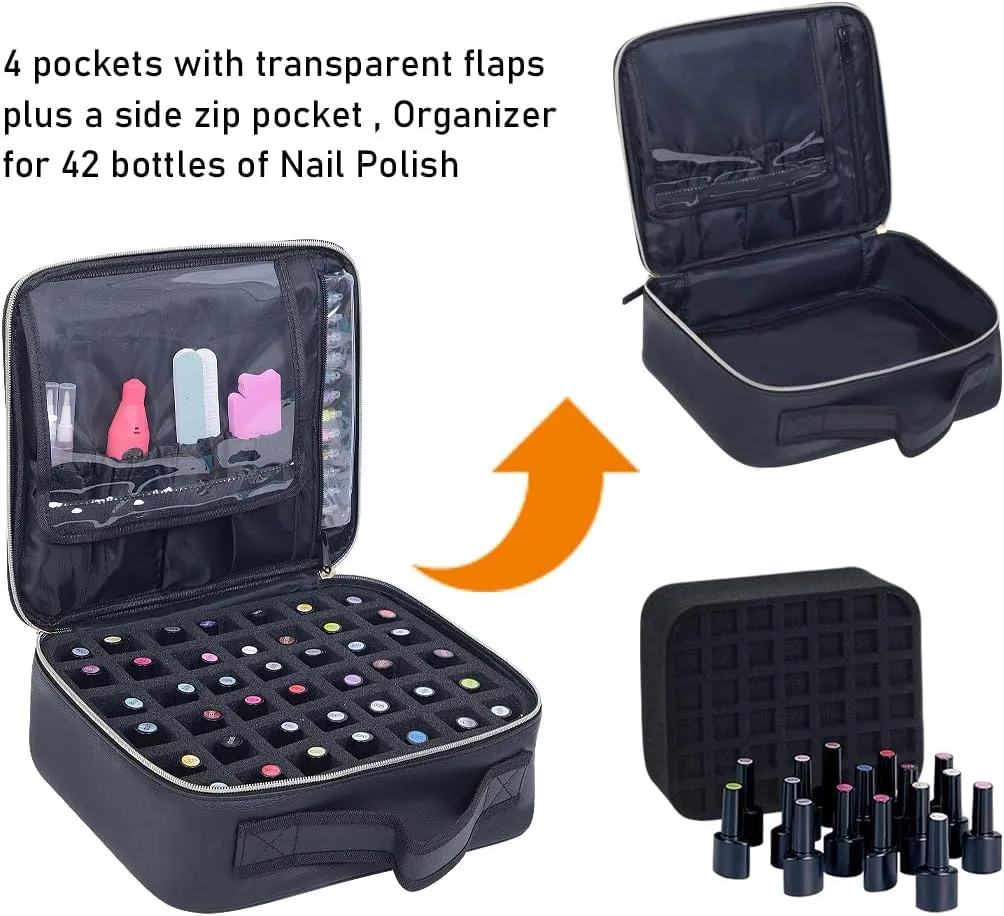 Nail Polish Organizer Case - PU Leather Portable Cosmetic Bag Hold 42 Bottles (15 ml/0.51 floz) with Removable Partition (Black)