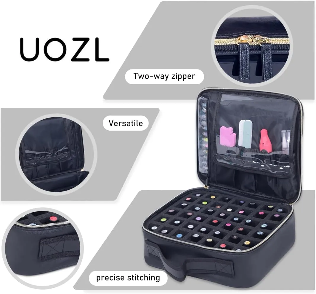 Nail Polish Organizer Case - PU Leather Portable Cosmetic Bag Hold 42 Bottles (15 ml/0.51 floz) with Removable Partition (Black)