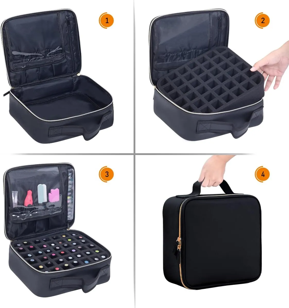 Nail Polish Organizer Case - PU Leather Portable Cosmetic Bag Hold 42 Bottles (15 ml/0.51 floz) with Removable Partition (Black)