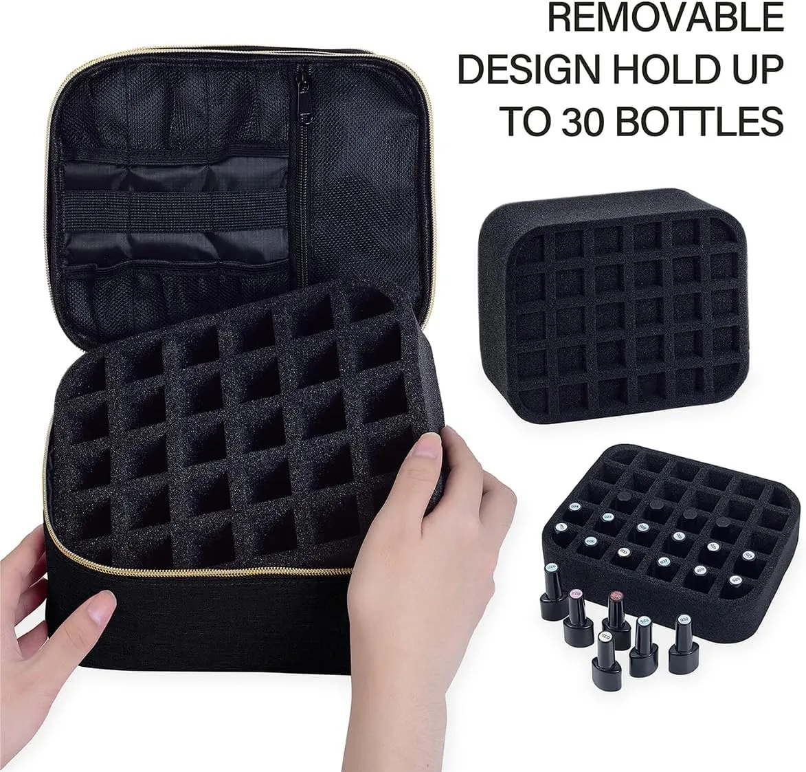 Nail Polish Organizer, Handheld Double Layer Nail Polish Storage with Adjustable Dividers, Holds 30 Bottles (15ml/0.5 fl.oz) for Nail Polish Lamp Manicure Tools and Essential Oil, Black