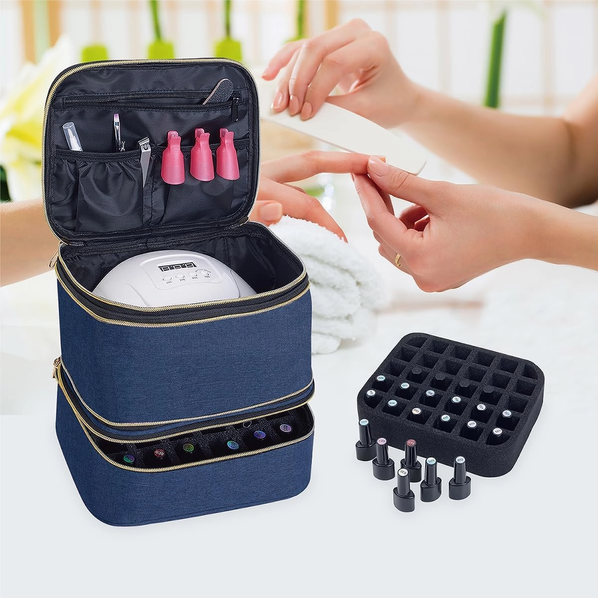 Nail Polish Organizer, Handheld Double Layer Nail Polish Storage with Adjustable Dividers, Holds 30 Bottles (15ml/0.5 fl.oz) for Nail Polish Lamp Manicure Tools and Essential Oil, Blue