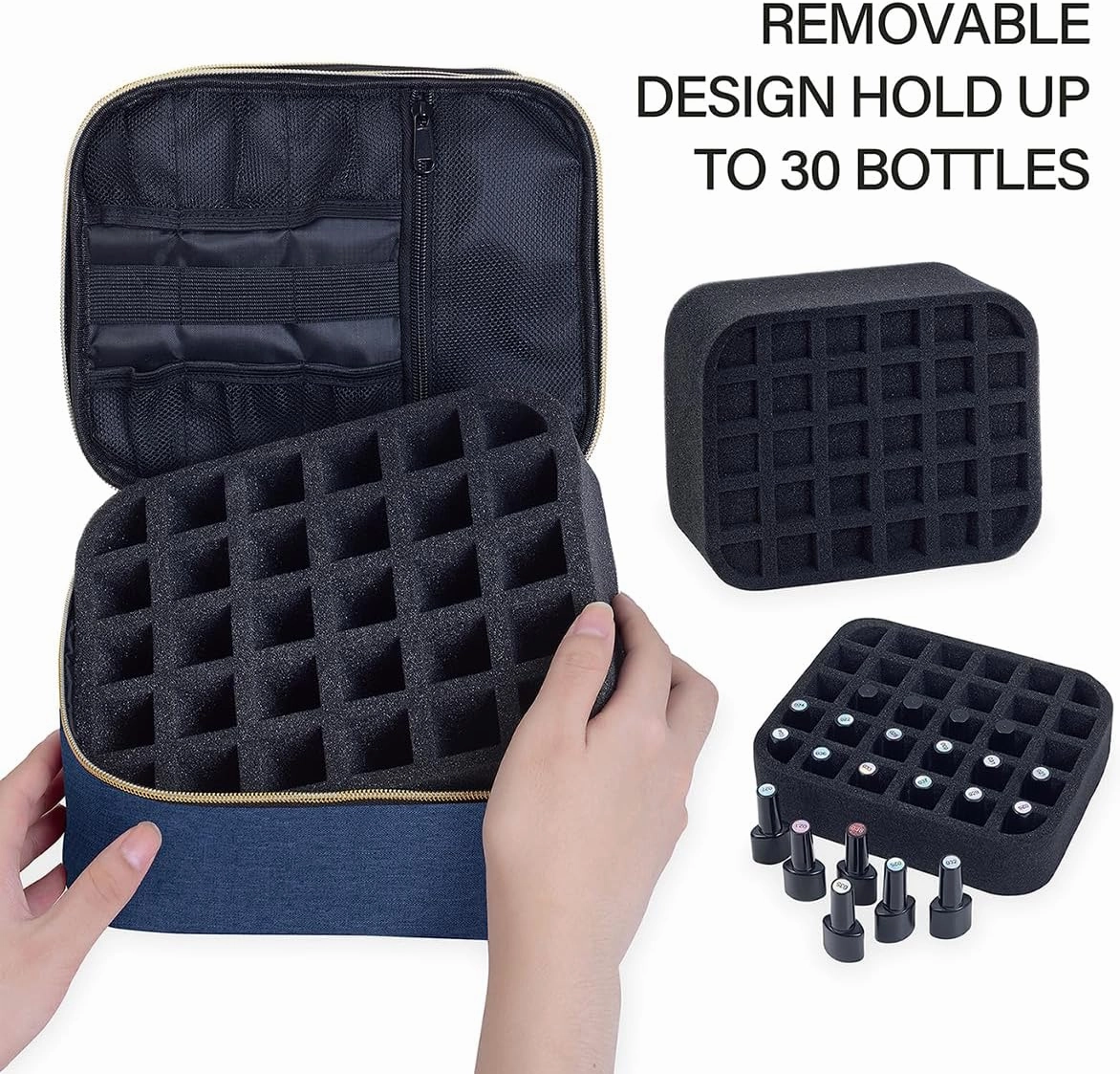 Nail Polish Organizer, Handheld Double Layer Nail Polish Storage with Adjustable Dividers, Holds 30 Bottles (15ml/0.5 fl.oz) for Nail Polish Lamp Manicure Tools and Essential Oil, Blue