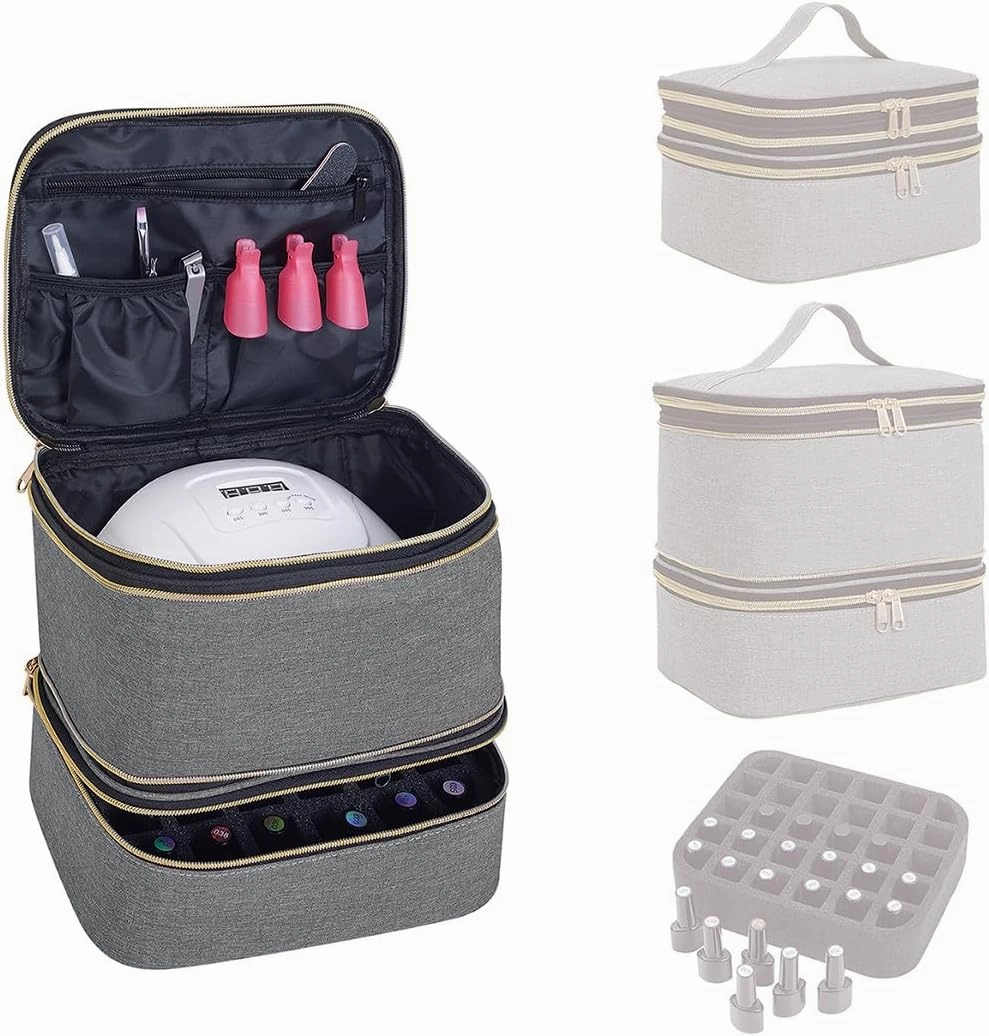Nail Polish Organizer, Handheld Double Layer Nail Polish Storage with Adjustable Dividers, Holds 30 Bottles (15ml/0.5 fl.oz) for Nail Polish Lamp Manicure Tools and Essential Oil, Gray