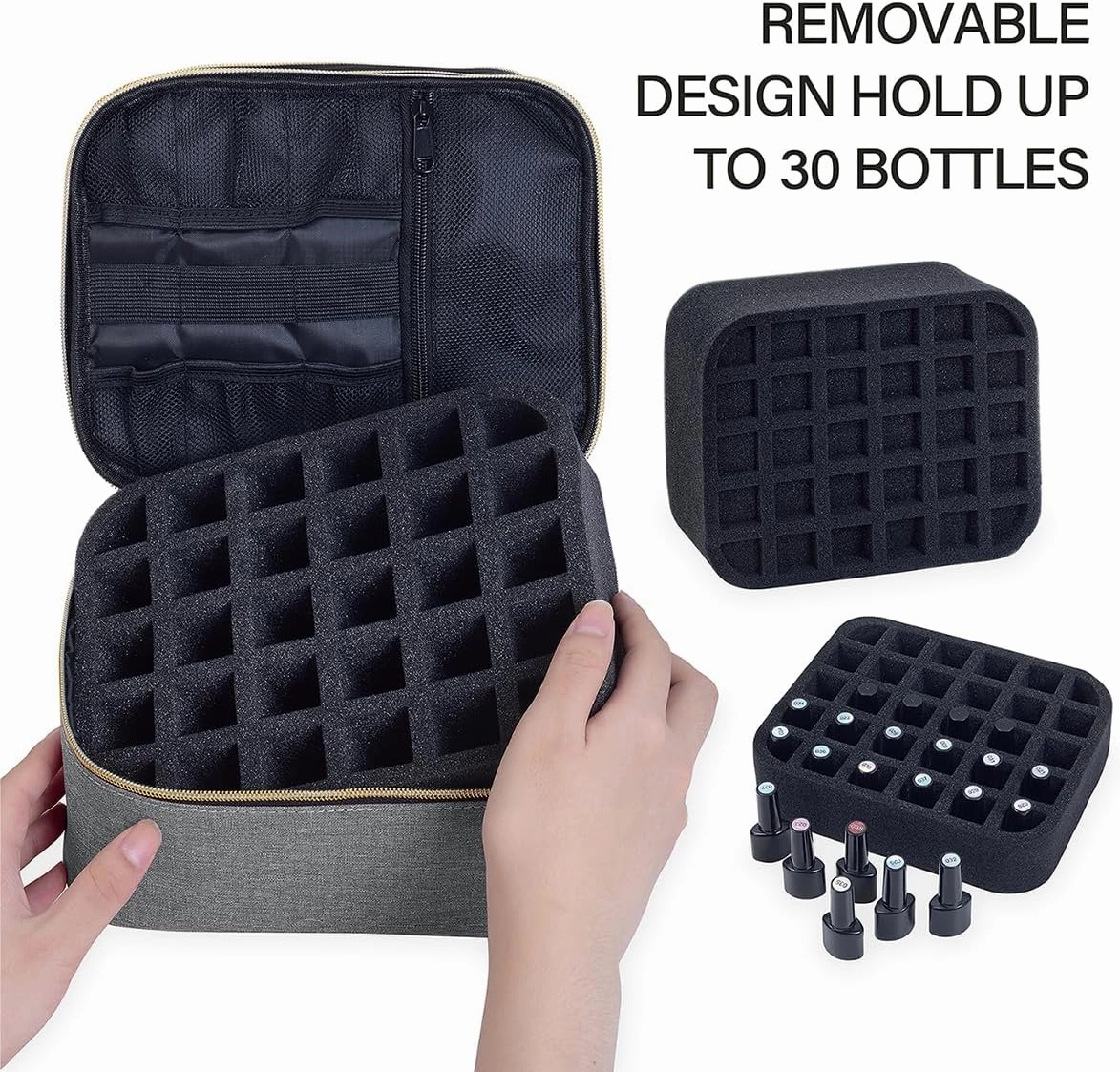Nail Polish Organizer, Handheld Double Layer Nail Polish Storage with Adjustable Dividers, Holds 30 Bottles (15ml/0.5 fl.oz) for Nail Polish Lamp Manicure Tools and Essential Oil, Gray