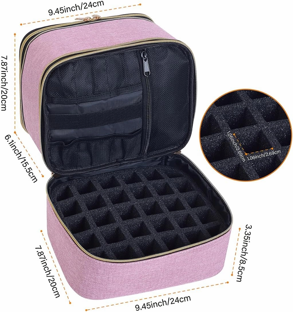 Nail Polish Organizer, Handheld Double Layer Nail Polish Storage with Adjustable Dividers, Holds 30 Bottles (15ml/0.5 fl.oz) for Nail Polish Lamp Manicure Tools and Essential Oil, Pink
