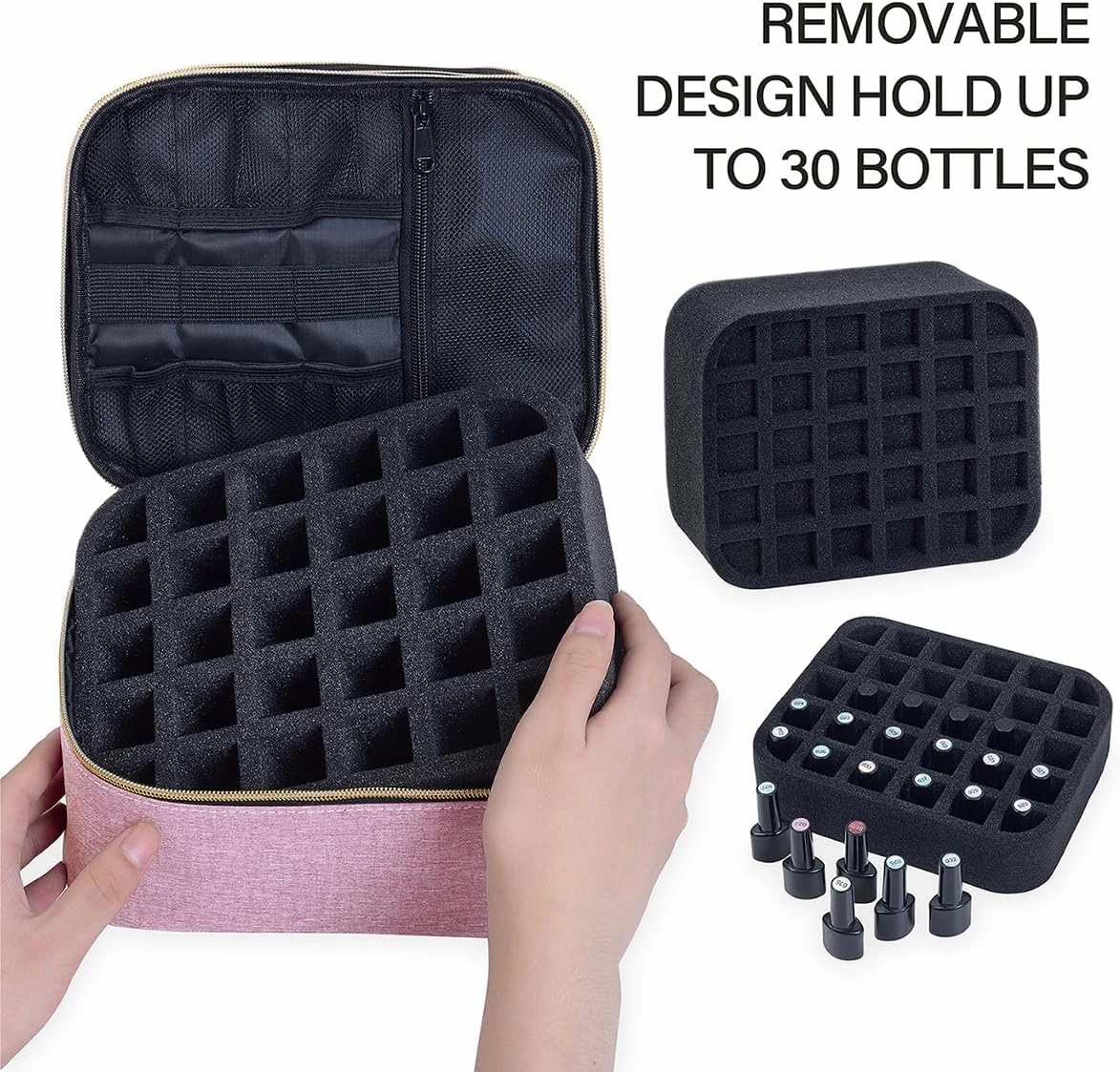Nail Polish Organizer, Handheld Double Layer Nail Polish Storage with Adjustable Dividers, Holds 30 Bottles (15ml/0.5 fl.oz) for Nail Polish Lamp Manicure Tools and Essential Oil, Pink