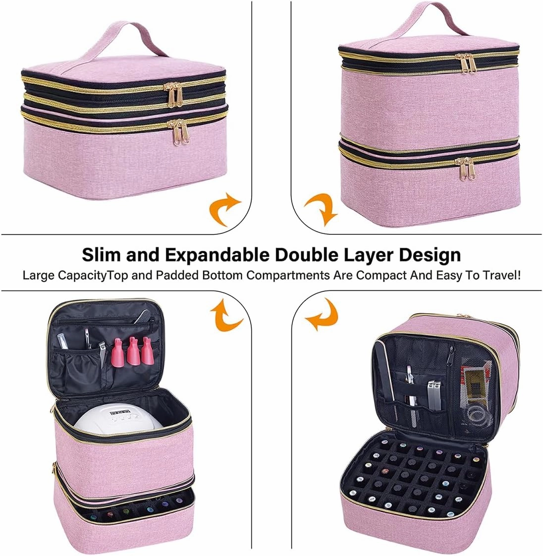 Nail Polish Organizer, Handheld Double Layer Nail Polish Storage with Adjustable Dividers, Holds 30 Bottles (15ml/0.5 fl.oz) for Nail Polish Lamp Manicure Tools and Essential Oil, Pink