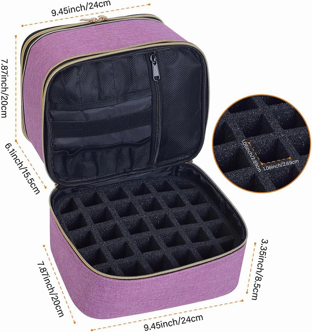 Nail Polish Organizer, Handheld Double Layer Nail Polish Storage with Adjustable Dividers, Holds 30 Bottles (15ml/0.5 fl.oz) for Nail Polish Lamp Manicure Tools and Essential Oil, Purple
