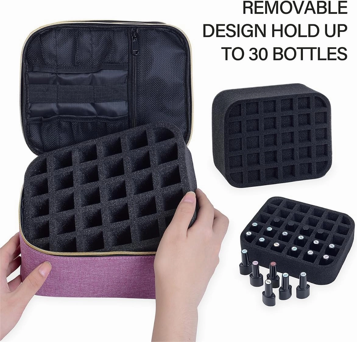 Nail Polish Organizer, Handheld Double Layer Nail Polish Storage with Adjustable Dividers, Holds 30 Bottles (15ml/0.5 fl.oz) for Nail Polish Lamp Manicure Tools and Essential Oil, Purple