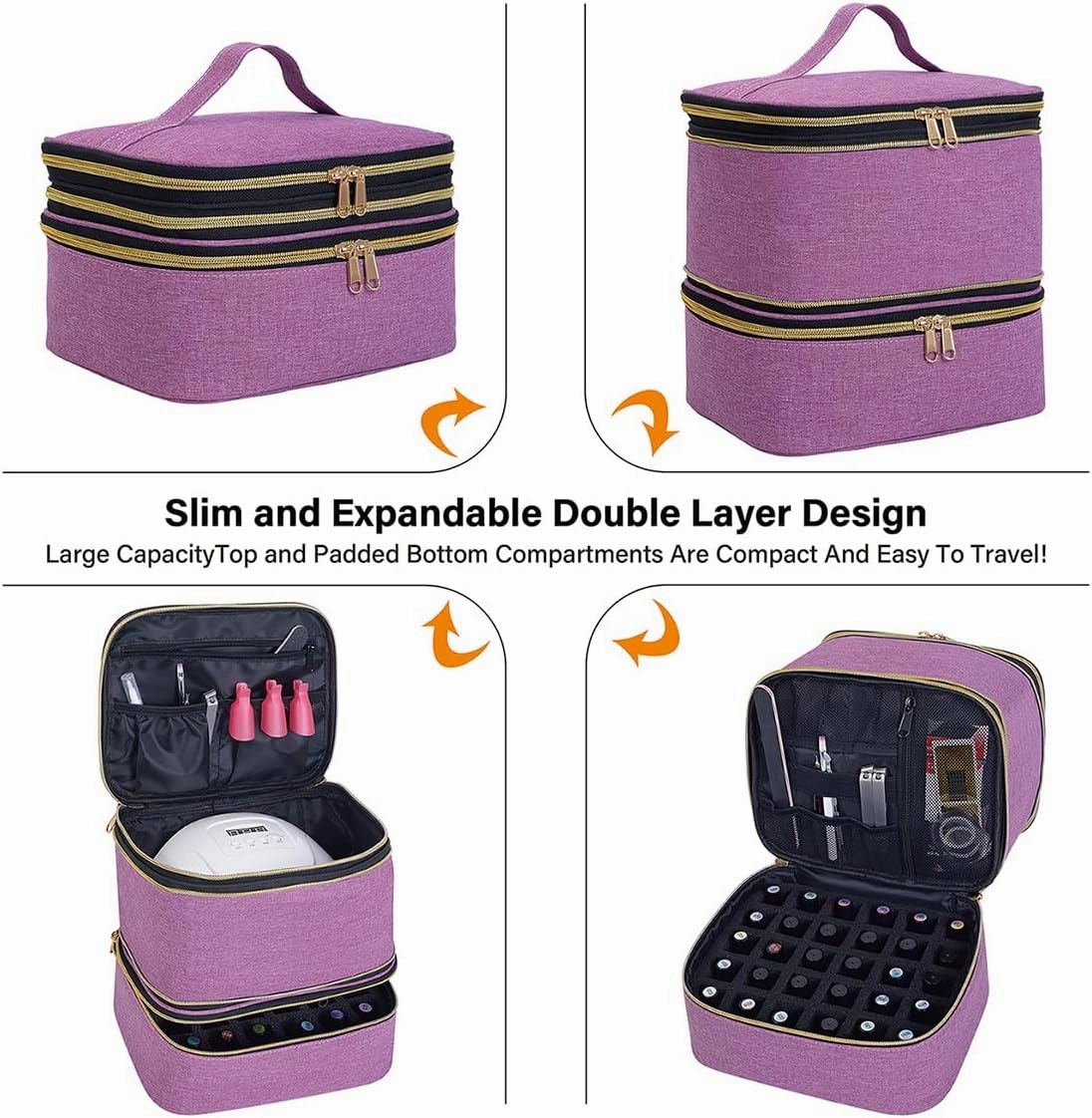 Nail Polish Organizer, Handheld Double Layer Nail Polish Storage with Adjustable Dividers, Holds 30 Bottles (15ml/0.5 fl.oz) for Nail Polish Lamp Manicure Tools and Essential Oil, Purple