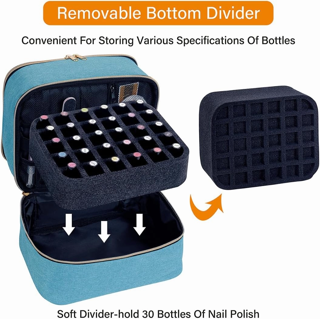 Nail Polish Organizer, Handheld Double Layer Organizer Holds 30 Bottles (15 ml/0.5 floz) with Adjustable Dividers for Nail Polish Small Manicure Lamp Manicure Tools and Travel,Light Green