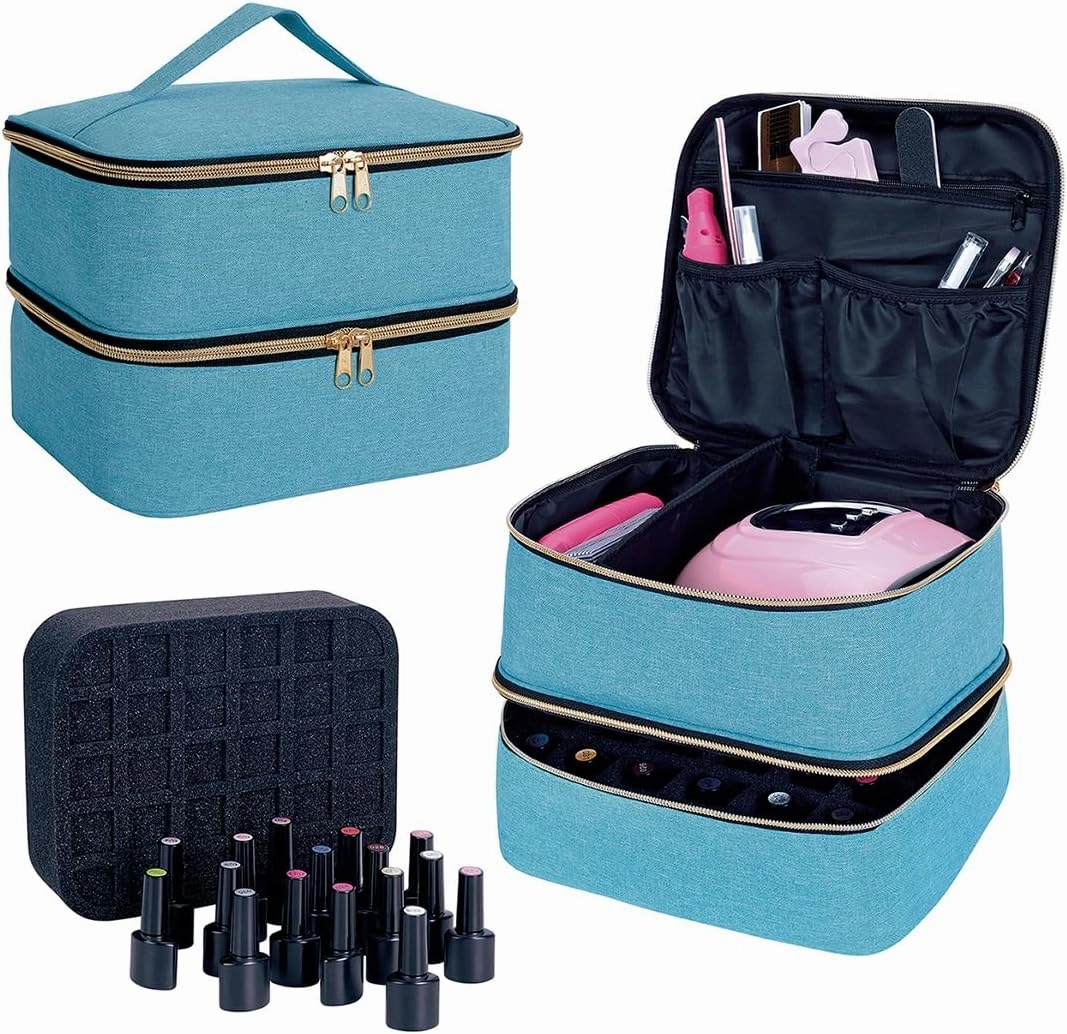 Nail Polish Organizer, Handheld Double Layer Organizer Holds 30 Bottles (15 ml/0.5 floz) with Adjustable Dividers for Nail Polish Small Manicure Lamp Manicure Tools and Travel,Light Green