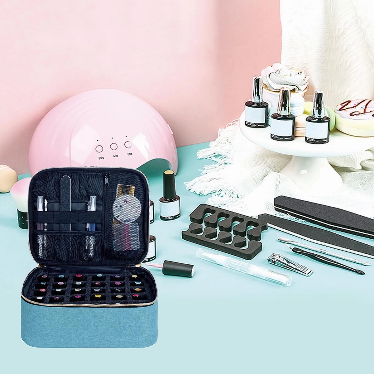 Nail Polish Organizer, Handheld Double Layer Organizer Holds 30 Bottles (15 ml/0.5 floz) with Adjustable Dividers for Nail Polish Small Manicure Lamp Manicure Tools and Travel,Light Green