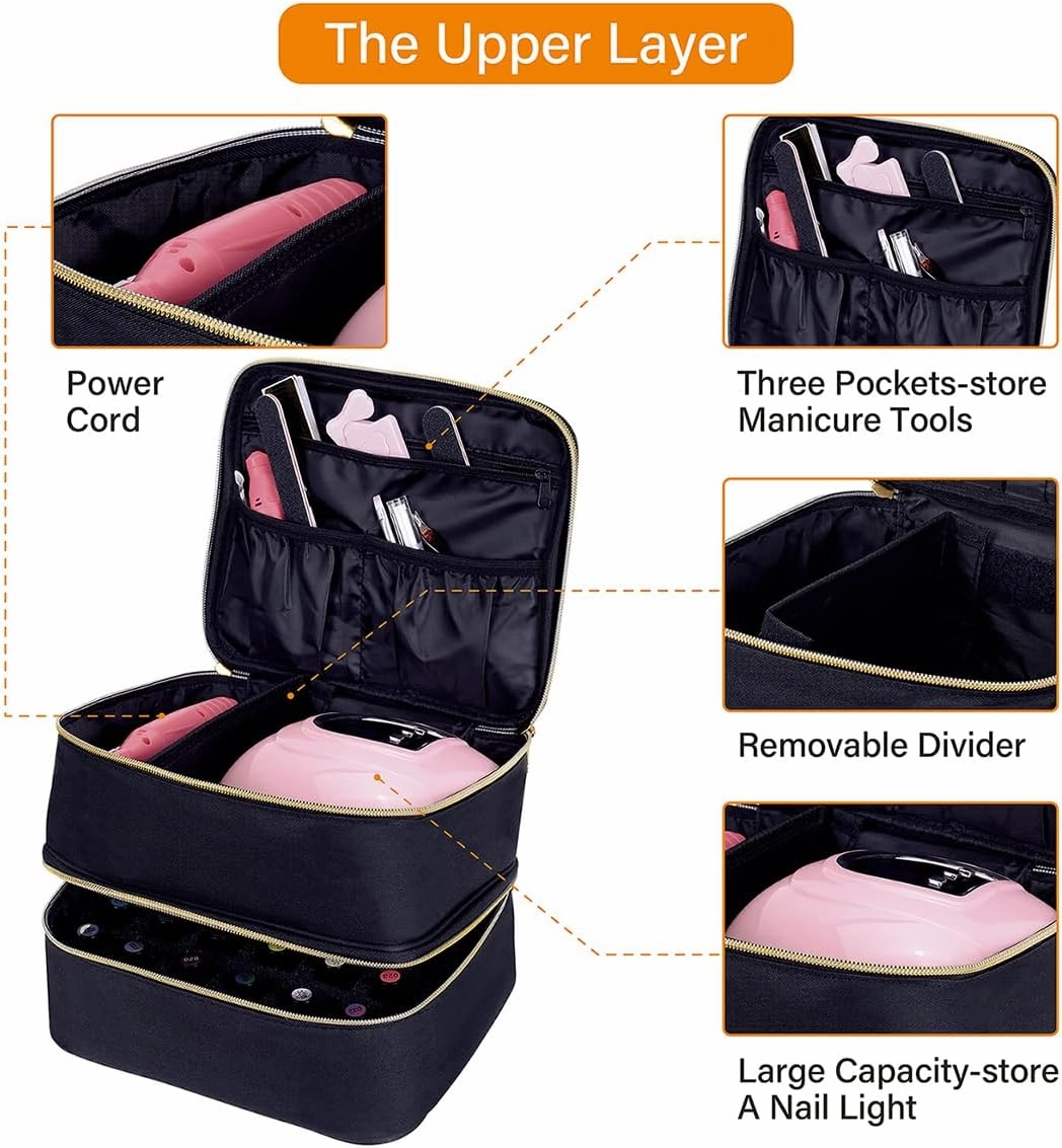 Nail Polish Organizer, Handheld Double Layer Organizer Holds 30 Bottles (15 ml/0.5 floz) with Adjustable Dividers for Nail Polish Small Manicure Lamp Manicure Tools Essential and Travel,Black