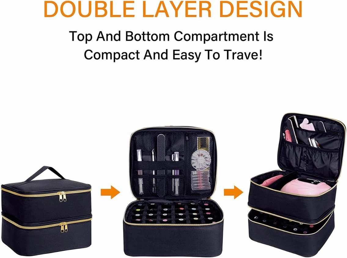 Nail Polish Organizer, Handheld Double Layer Organizer Holds 30 Bottles (15 ml/0.5 floz) with Adjustable Dividers for Nail Polish Small Manicure Lamp Manicure Tools Essential and Travel,Black