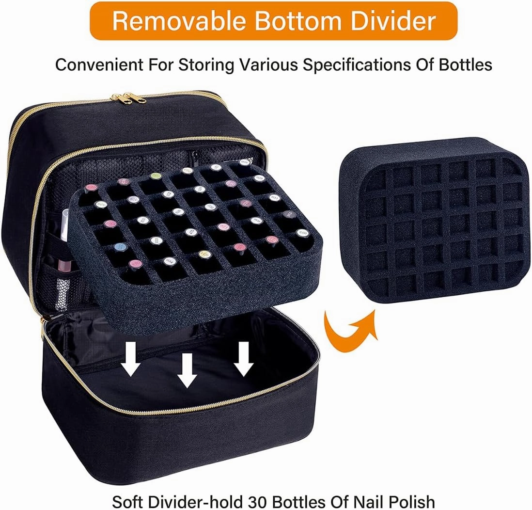 Nail Polish Organizer, Handheld Double Layer Organizer Holds 30 Bottles (15 ml/0.5 floz) with Adjustable Dividers for Nail Polish Small Manicure Lamp Manicure Tools Essential and Travel,Black