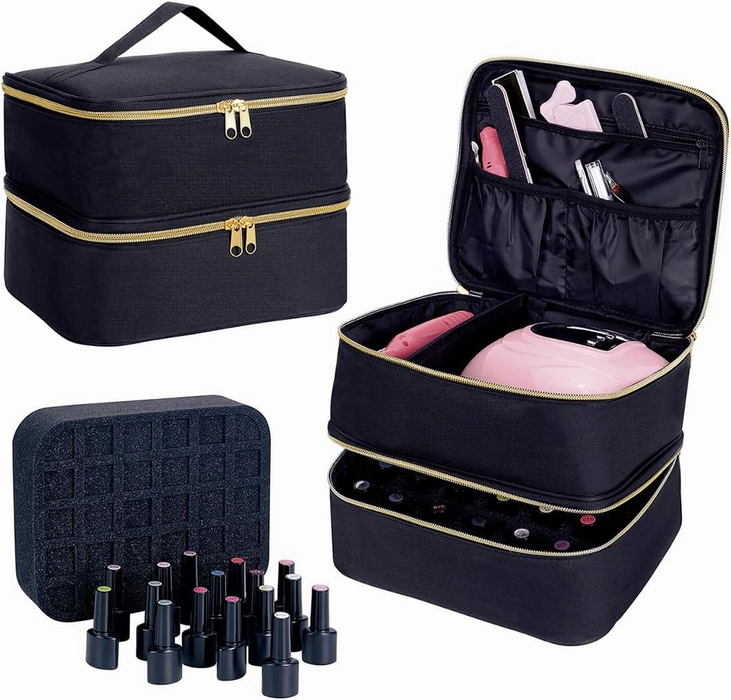 Nail Polish Organizer, Handheld Double Layer Organizer Holds 30 Bottles (15 ml/0.5 floz) with Adjustable Dividers for Nail Polish Small Manicure Lamp Manicure Tools Essential and Travel,Black