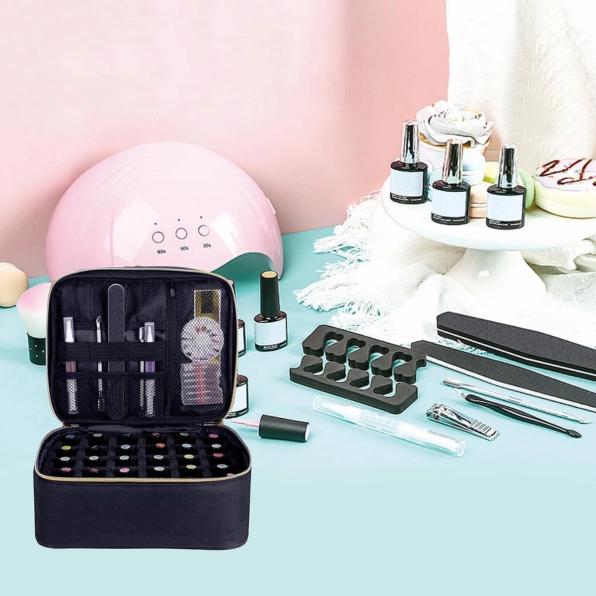 Nail Polish Organizer, Handheld Double Layer Organizer Holds 30 Bottles (15 ml/0.5 floz) with Adjustable Dividers for Nail Polish Small Manicure Lamp Manicure Tools Essential and Travel,Black