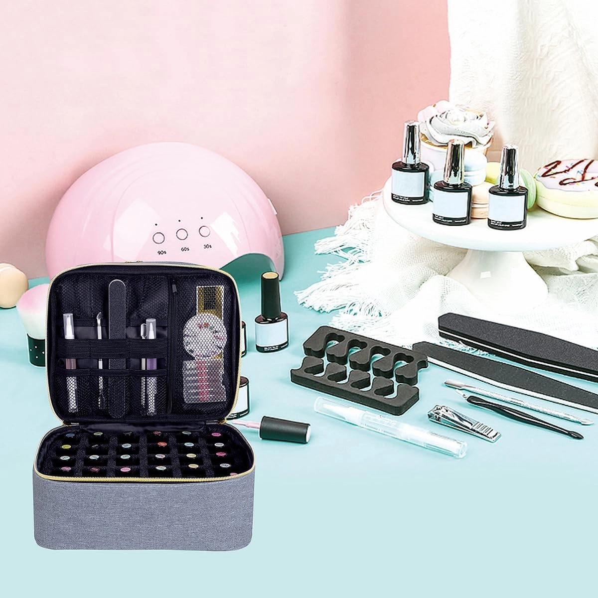 Nail Polish Organizer, Handheld Double Layer Organizer Holds 30 Bottles (15 ml/0.5 floz) with Adjustable Dividers for Nail Polish Small Manicure Lamp Manicure Tools Essential and Travel,Gray Gold