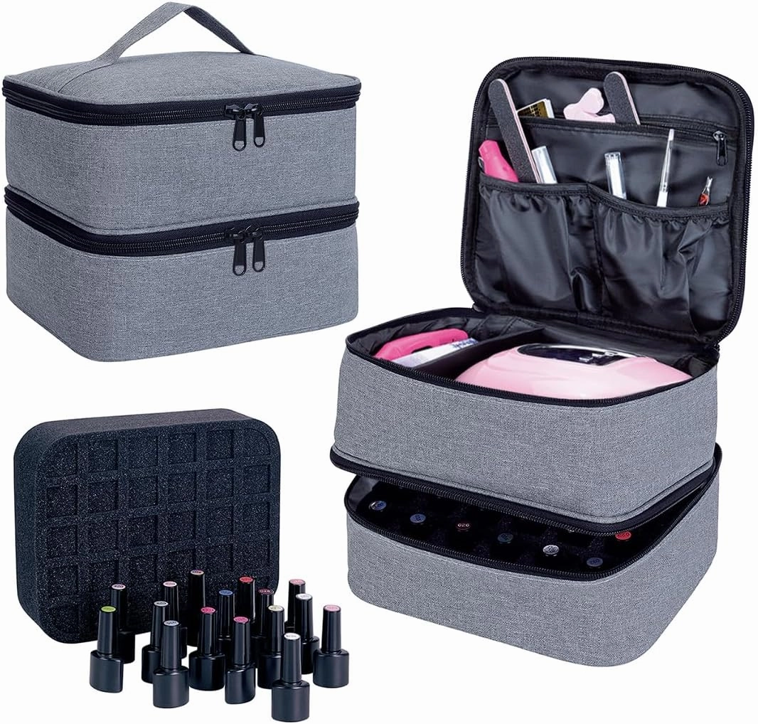 Nail Polish Organizer, Handheld Double Layer Organizer Holds 30 Bottles (15 ml/0.5 floz) with Adjustable Dividers for Nail Polish Small Manicure Lamp Manicure Tools Essential and Travel,Gray