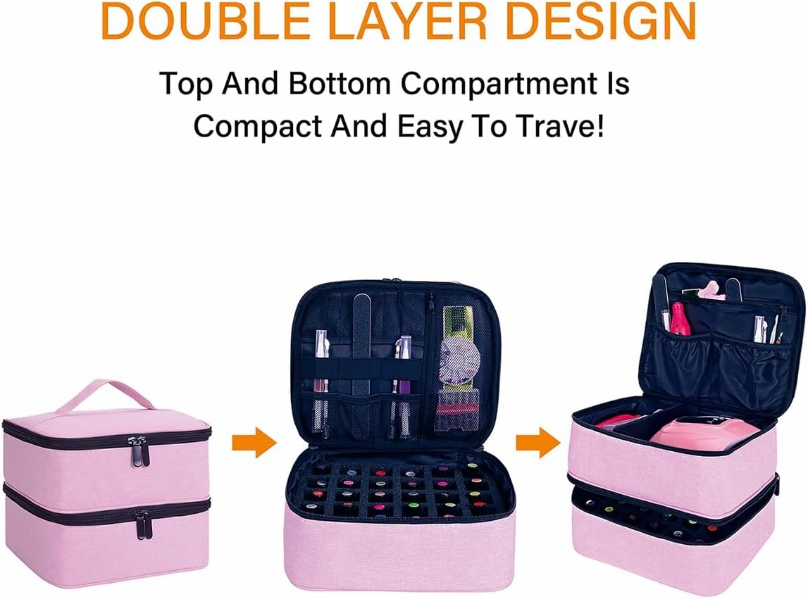 Nail Polish Organizer, Handheld Double Layer Organizer Holds 30 Bottles (15 ml/0.5 floz) with Adjustable Dividers for Nail Polish Small Manicure Lamp Manicure Tools Essential and Travel,Pink
