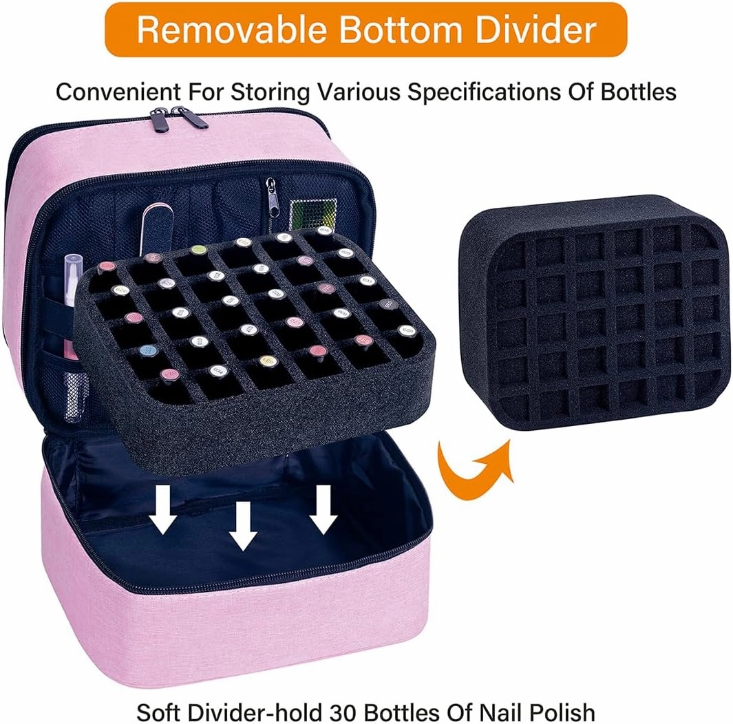 Nail Polish Organizer, Handheld Double Layer Organizer Holds 30 Bottles (15 ml/0.5 floz) with Adjustable Dividers for Nail Polish Small Manicure Lamp Manicure Tools Essential and Travel,Pink