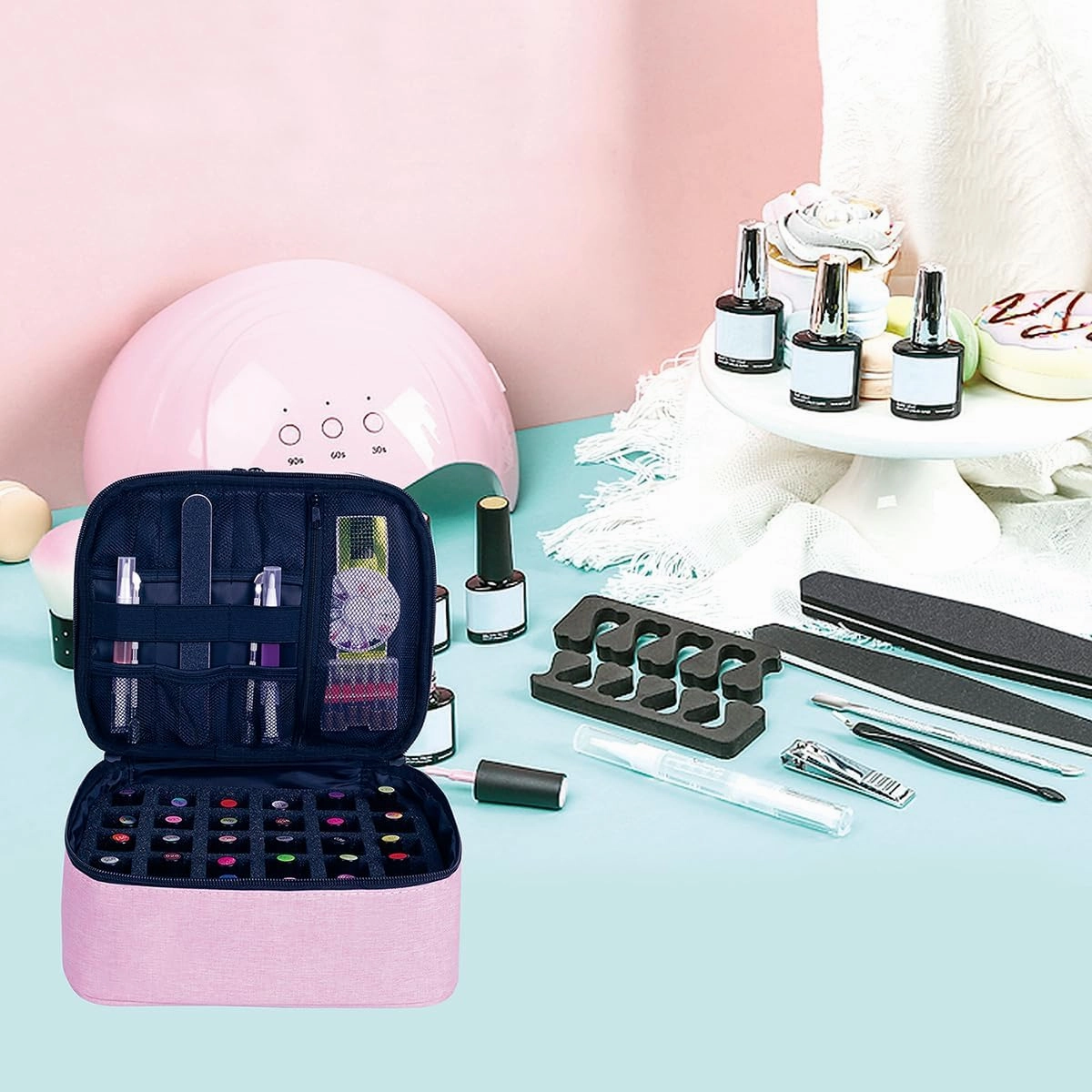 Nail Polish Organizer, Handheld Double Layer Organizer Holds 30 Bottles (15 ml/0.5 floz) with Adjustable Dividers for Nail Polish Small Manicure Lamp Manicure Tools Essential and Travel,Pink
