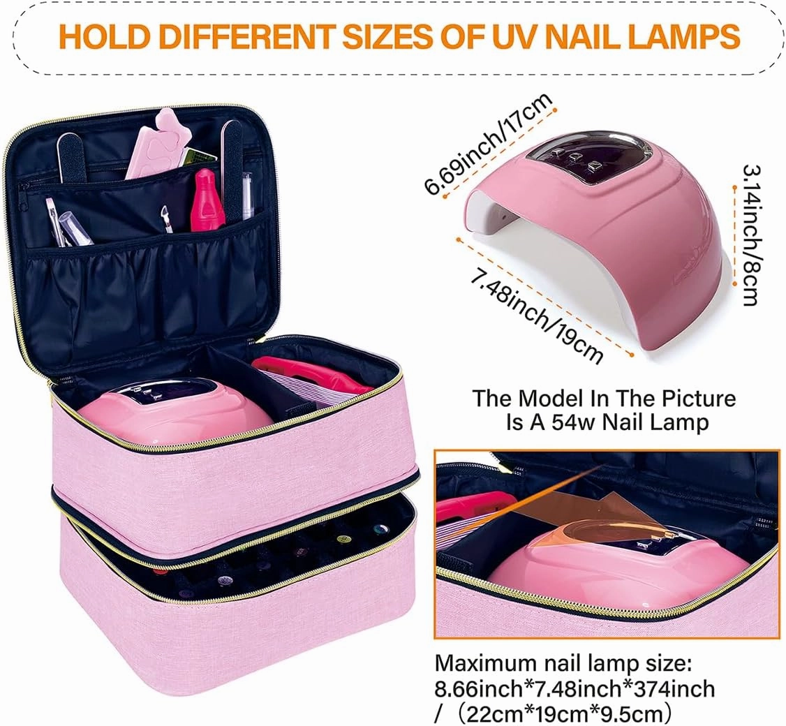 Nail Polish Organizer, Handheld Double Layer Organizer Holds 30 Bottles (15 ml/0.5 floz) with Adjustable Dividers for Nail Polish Small Manicure Lamp Manicure Tools Essential and Travel,Pink