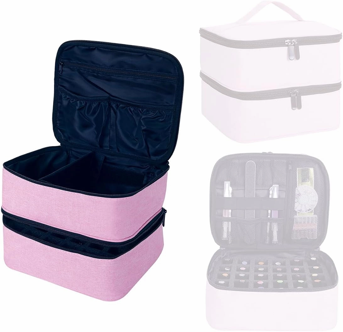 Nail Polish Organizer, Handheld Double Layer Organizer Holds 30 Bottles (15 ml/0.5 floz) with Adjustable Dividers for Nail Polish Small Manicure Lamp Manicure Tools Essential and Travel,Pink