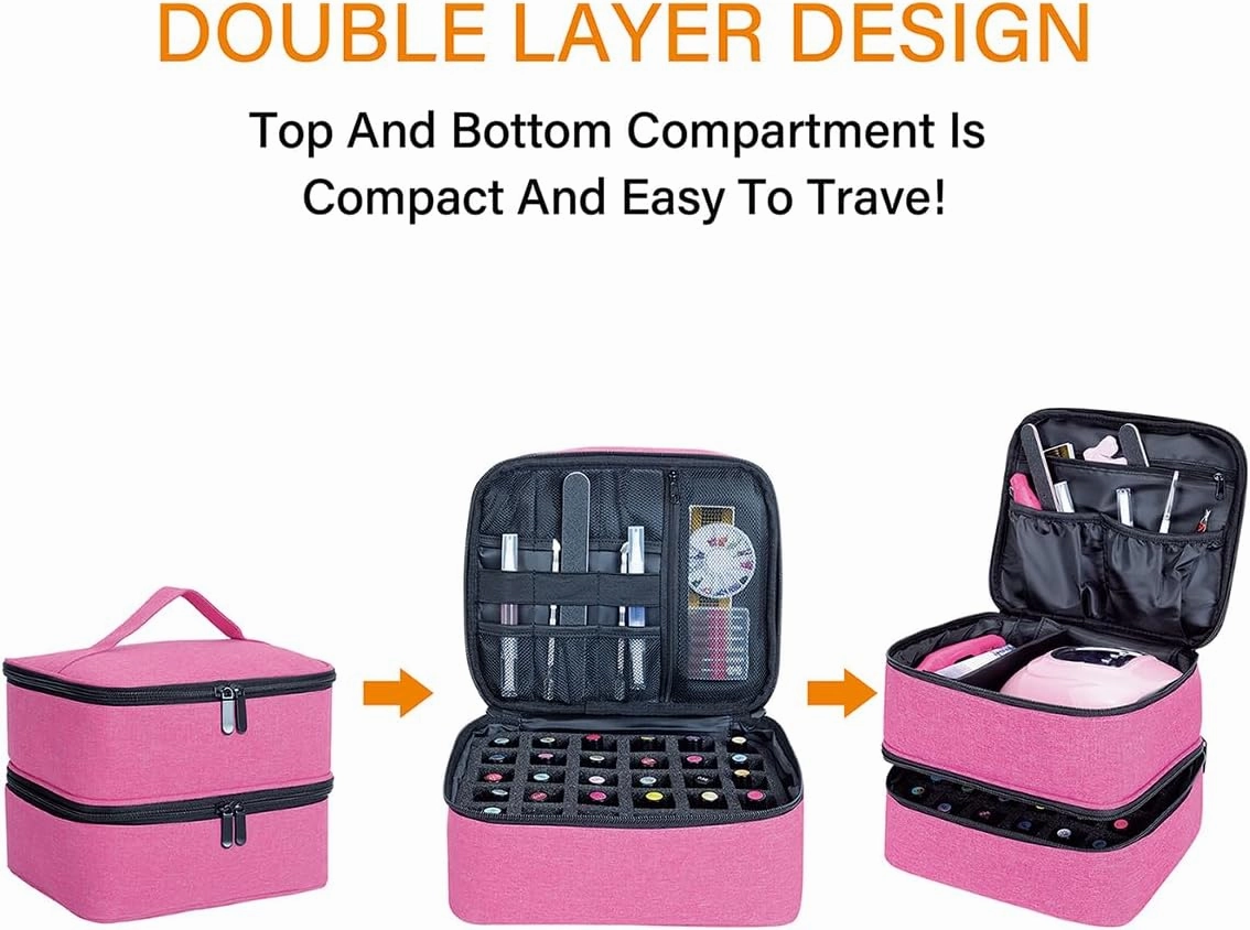 Nail Polish Organizer, Handheld Double Layer Organizer Holds 30 Bottles (15 ml/0.5 floz) with Adjustable Dividers for Nail Polish Small Manicure Lamp Manicure Tools Essential and Travel,Wine