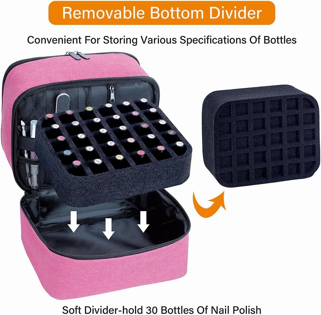 Nail Polish Organizer, Handheld Double Layer Organizer Holds 30 Bottles (15 ml/0.5 floz) with Adjustable Dividers for Nail Polish Small Manicure Lamp Manicure Tools Essential and Travel,Wine