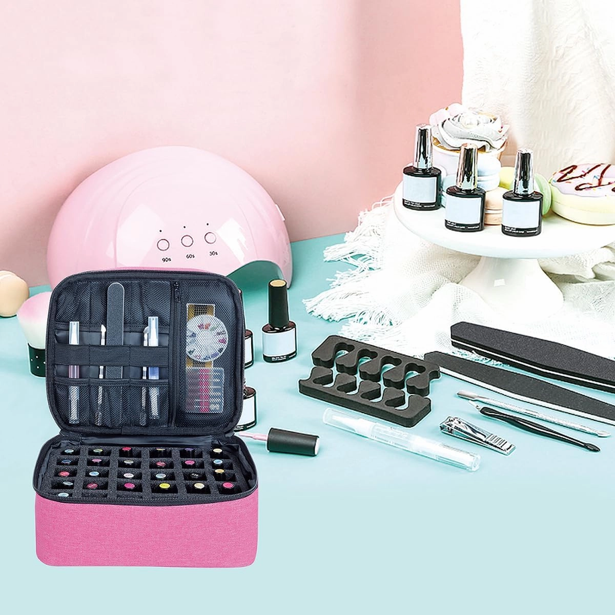 Nail Polish Organizer, Handheld Double Layer Organizer Holds 30 Bottles (15 ml/0.5 floz) with Adjustable Dividers for Nail Polish Small Manicure Lamp Manicure Tools Essential and Travel,Wine