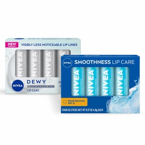 NIVEA Lip Balm Set, Smoothness Lip Care with Broad Spectrum SPF 15 Sunscreen, 0.17 Oz (Pack of 4)   Dewy with Hyaluronic Acid, 0.18 Oz (Pack of 4), Long-Lasting Moisture