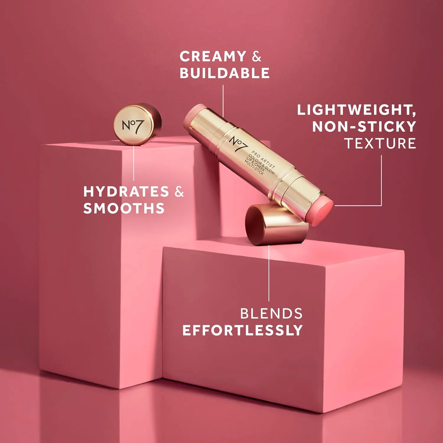 No7 Pro Artist Color & Glow Cream Blush Stick - Dual-Ended Blush for Cheeks, Eyes & Lips - Delivers Soft-Focus Radiance and Buildable Color - Soft Berry/Warm Glow (10g)